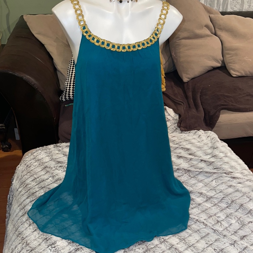 Julie Haus Silk A -Line Dress W/Brocade neck